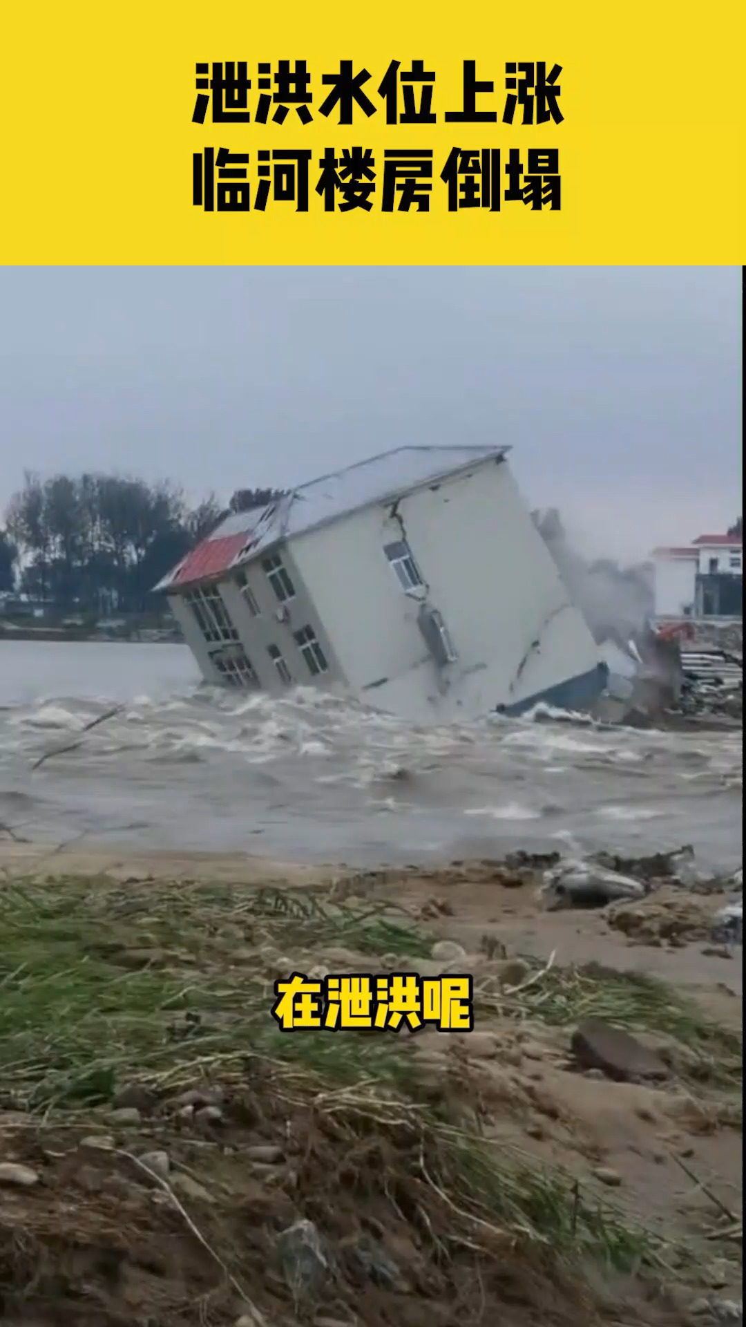 9月25日河南南阳,暴雨后白河水位上涨,临河楼房倒塌,未造成人员伤亡