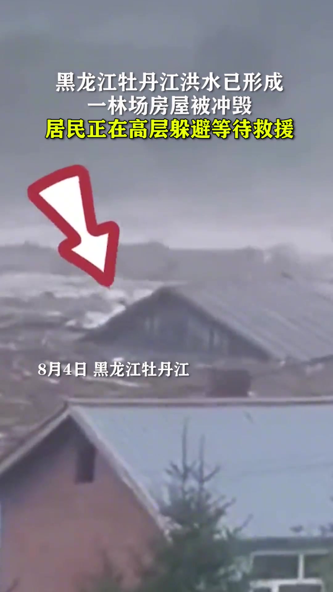 黑龙江牡丹江洪水已形成，一林场房屋被冲毁，居民正在高层躲避等待救援