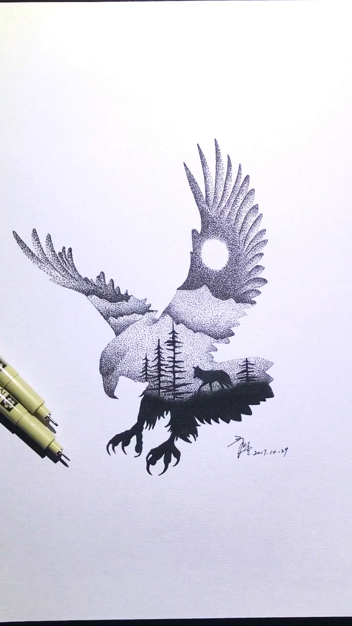 创意手绘:雄鹰～小时候最喜欢画的点笔画,好久没画了!