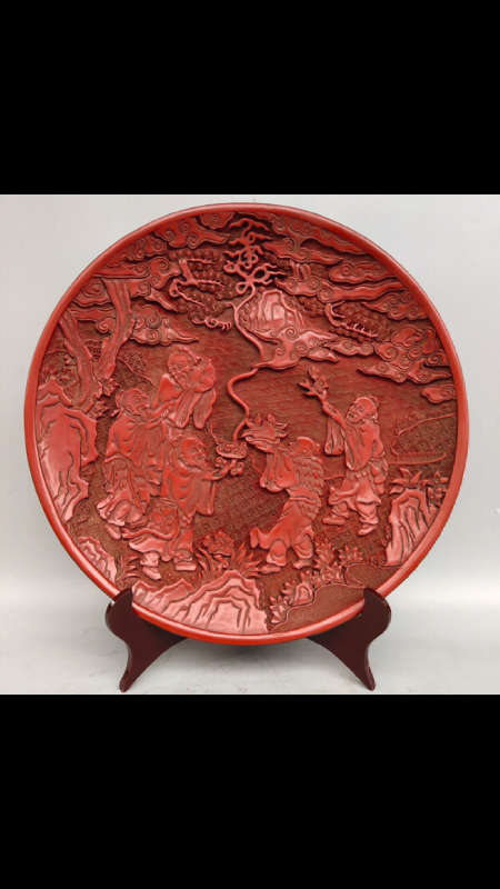 日本回流清代剔红漆器赏盘五老献佛屏风摆件,重1000克!
