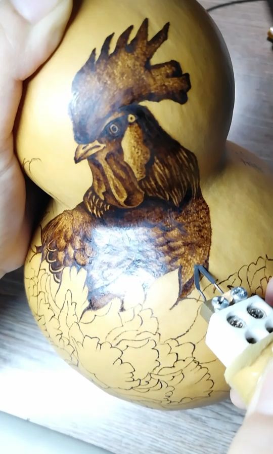 大公鸡,传统烙画葫芦工艺制作过程@{uid:1502349662339070,nick:�%