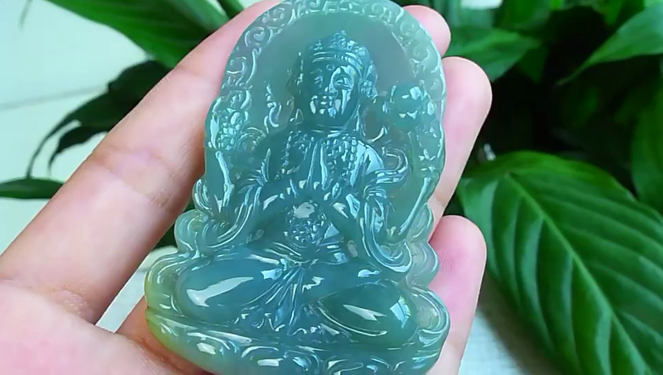 自然光实拍天然翡翠冰润细腻蓝水观音吊坠 26q64 完美 尺寸64.5