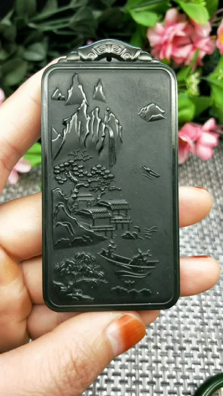 和田玉塔青细料山水牌子