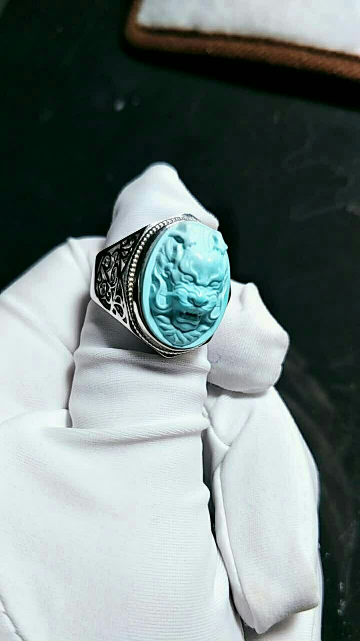 原矿高瓷绿松石精美龙戒 s925银托,戒面尺寸14.507219.