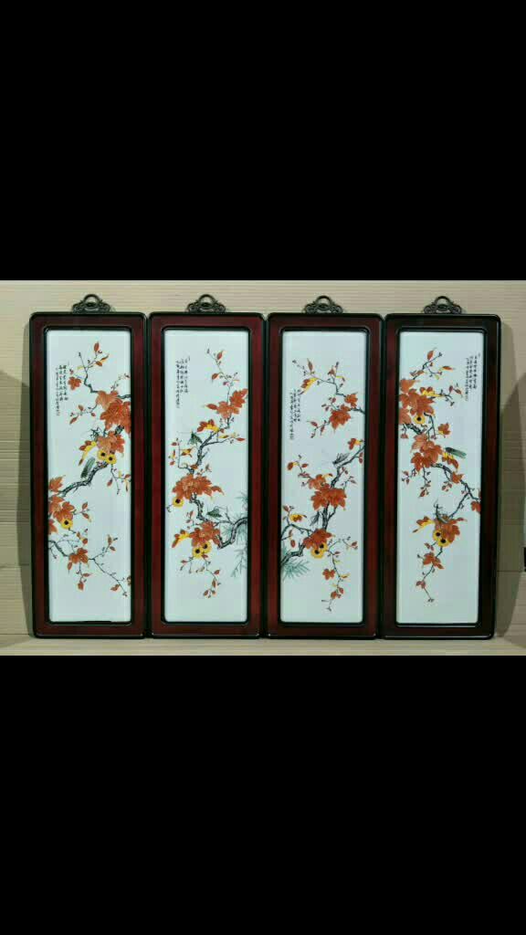 《李明亮》款檀木镶瓷板画红叶虫草纹饰四条屏 高82 宽29￥2500