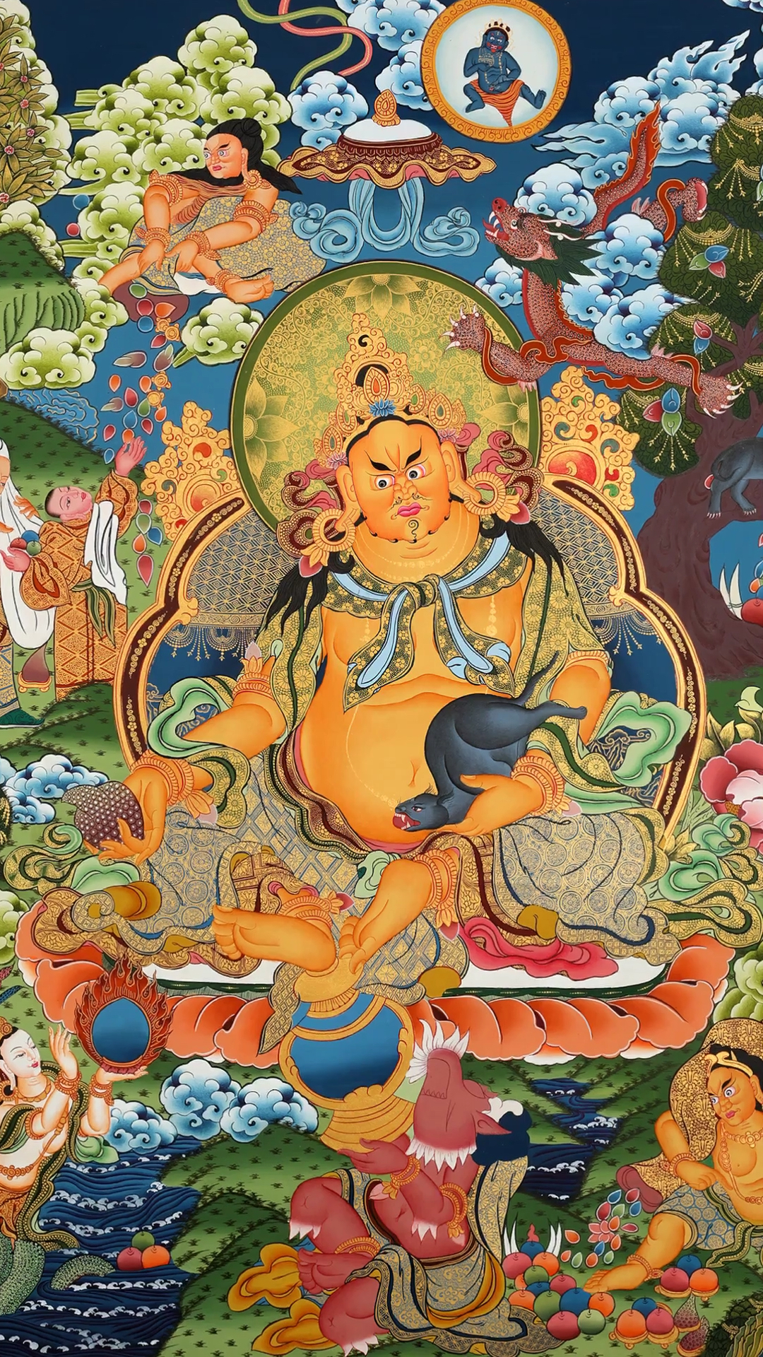 巨幅101×72cm——黄财神·赞巴拉,整幅唐卡配色明丽令人心情愉悦