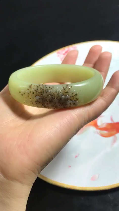 温润斋珠宝天然新疆和田玉黄口料玉石水草蝶恋花手镯送证书