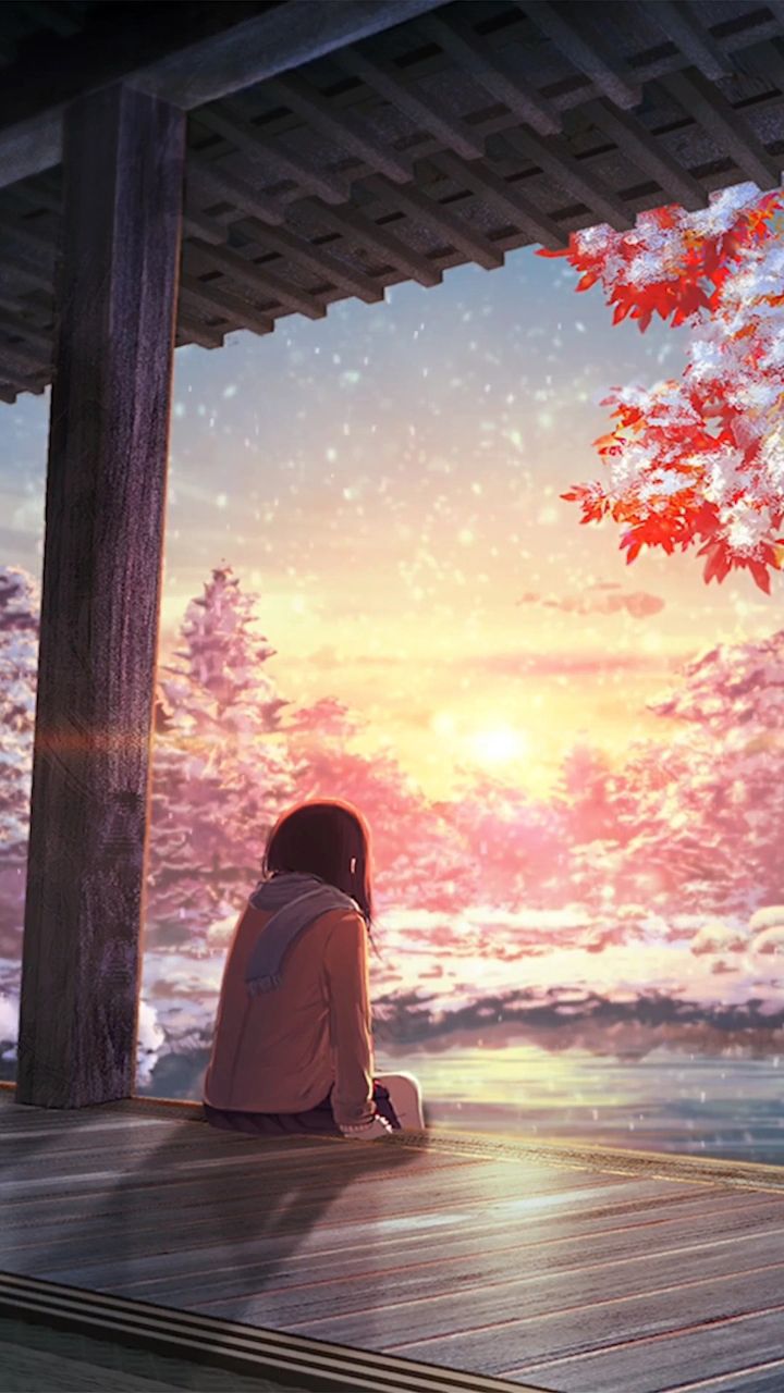 《月色真美》外面雪花纷飞,枫叶上沾满雪霜,少女坐在河边;望向远方