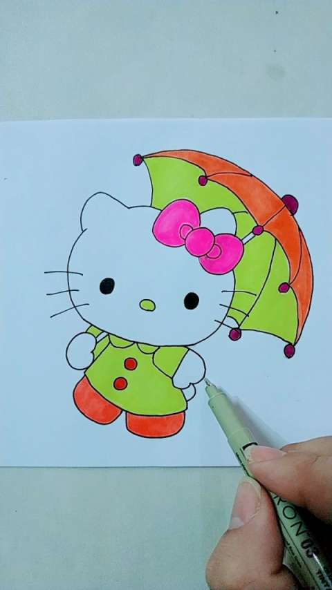 教你画打着雨伞kitty猫简笔画