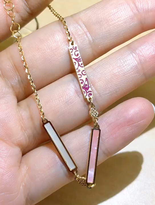 k18 贝母手链 稀少的粉贝母镶嵌 重3.