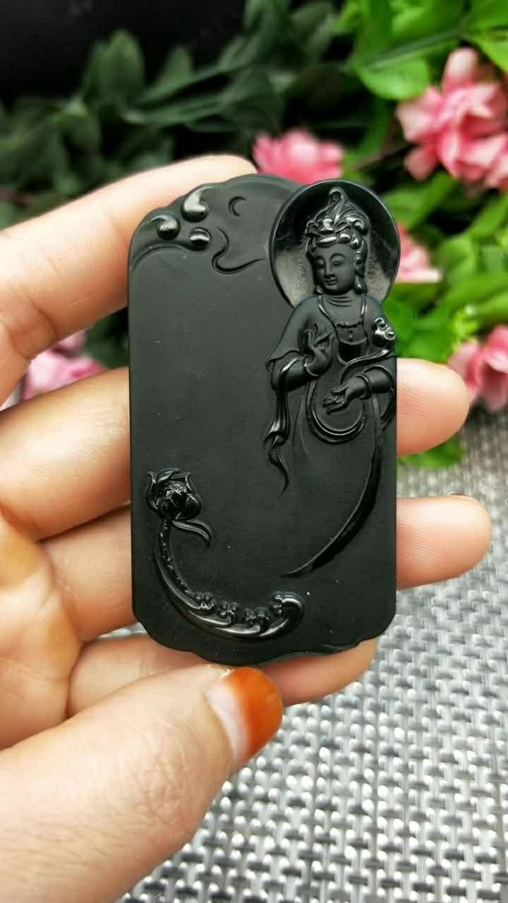 和田玉塔青细料观音挂件