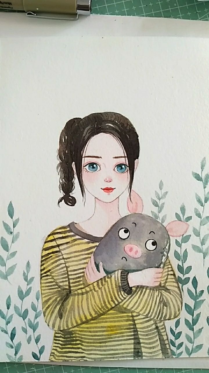 手绘抱猪猪女孩