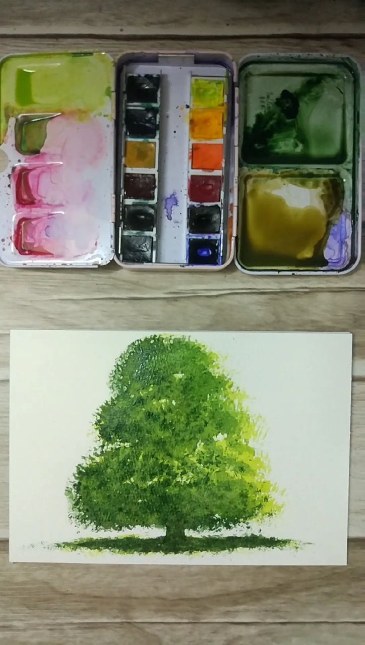 用水彩颜料快速画一棵简单的树,用湿画法就能搞定哦!