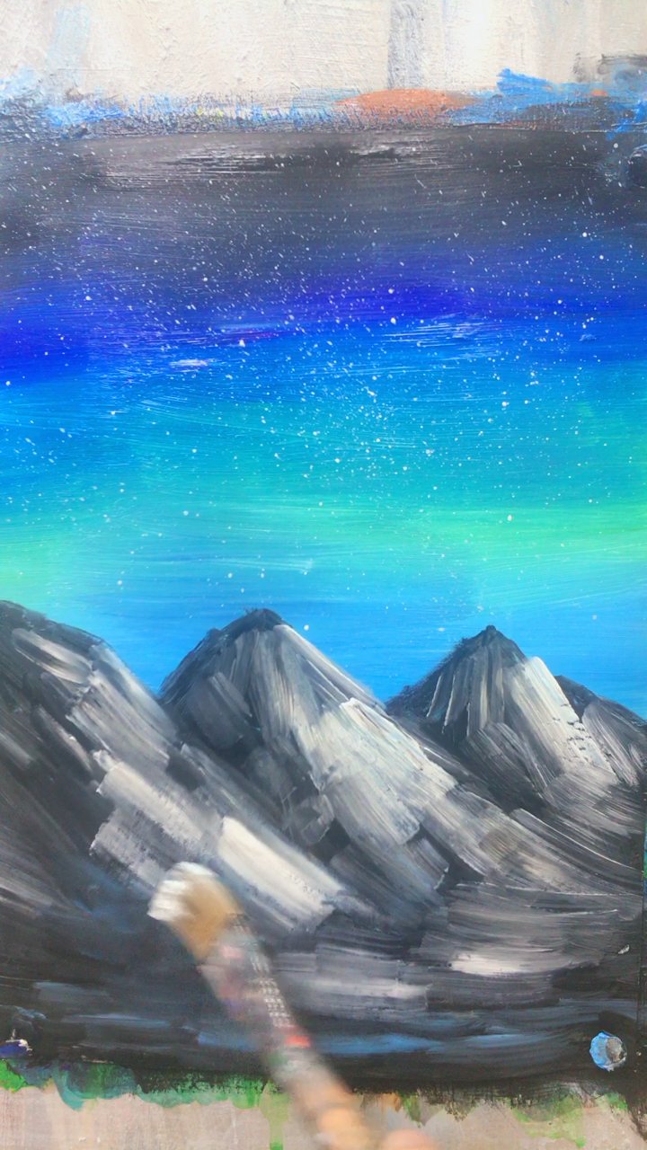 丙烯颜料星空雪山画,感谢支持!