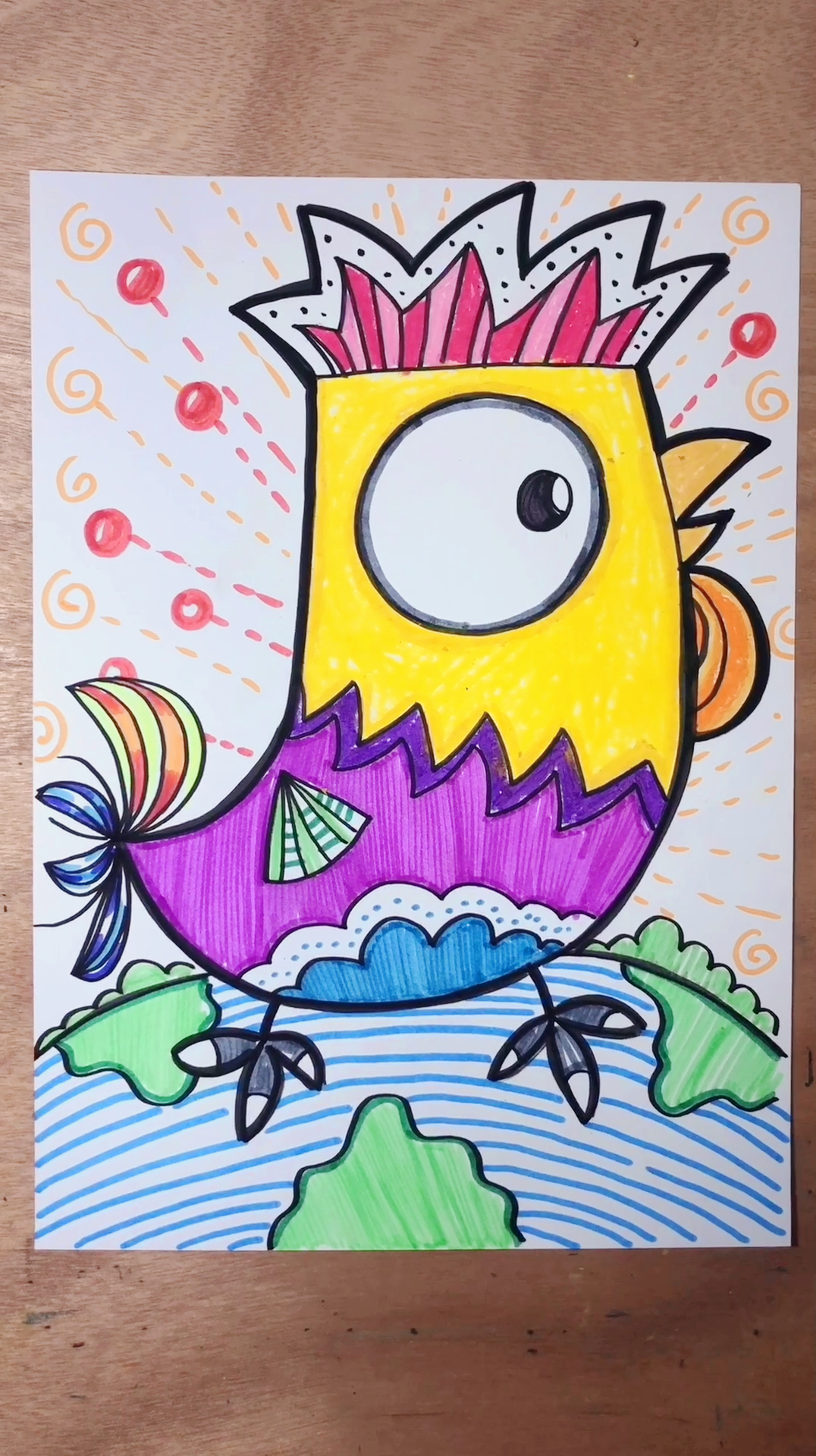 创意美术《美丽的大公鸡》～各位宝妈可以和孩子画起来哦!