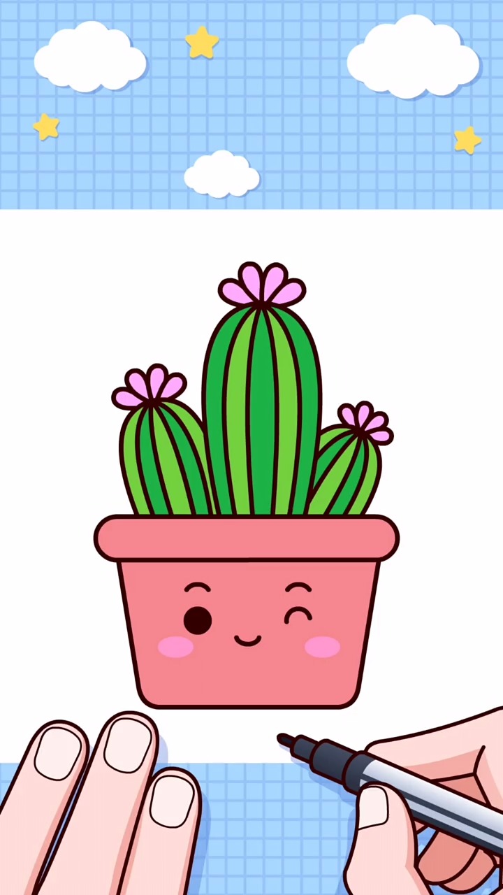 超简单的仙人掌简笔画,快来试一试吧#@经纪人小微