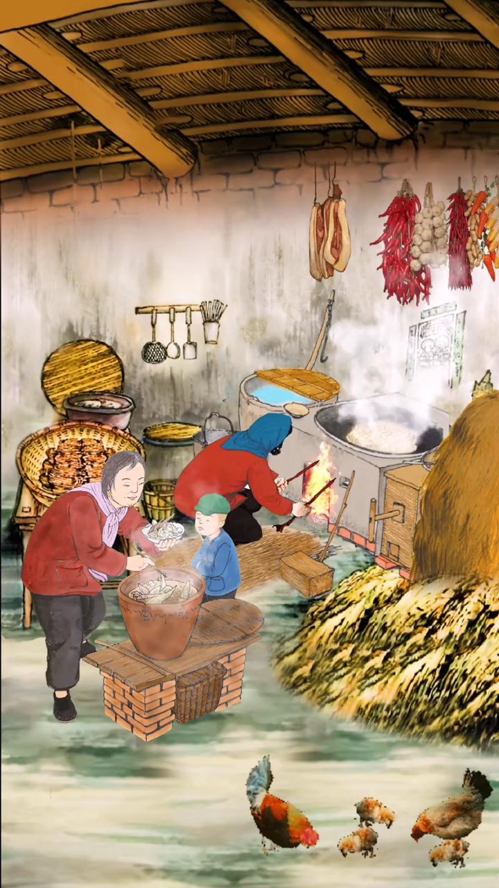 小时候妈妈在家做饭,等爸爸和爷爷下地回来吃每次奶奶都怕我饿着会先