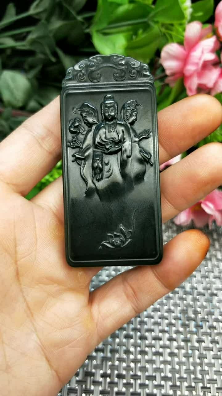 和田玉塔青细料观音牌子