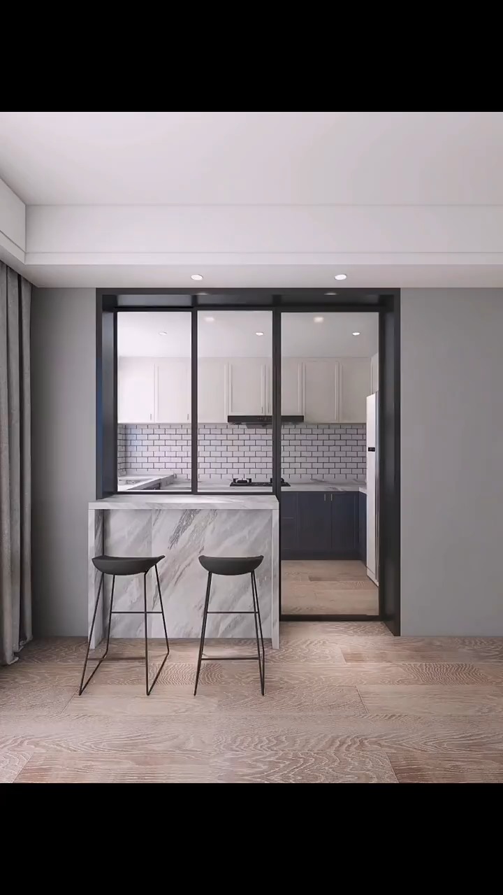 吧台结合推拉门窗设计,厨房可开放可封闭