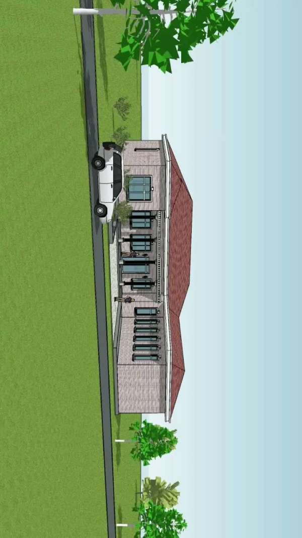 砖红色四坡屋顶以白色屋檐勾勒,色彩鲜明,窗套及立柱体现了欧式别墅的