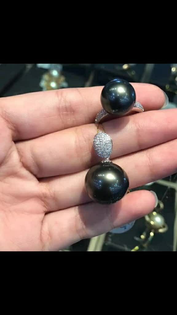 大溪地黑珍珠简约套装 18k金伴钻镶 南非 闪亮78经典