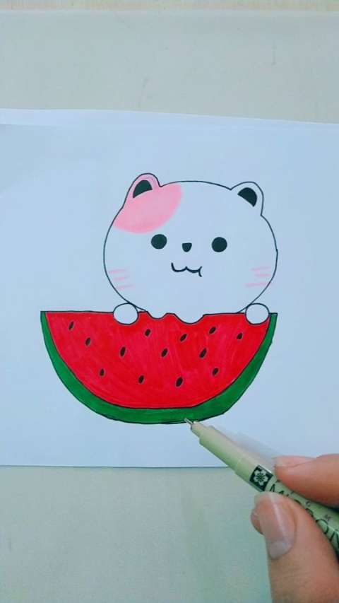 教你画可爱小猫吃西瓜简笔画